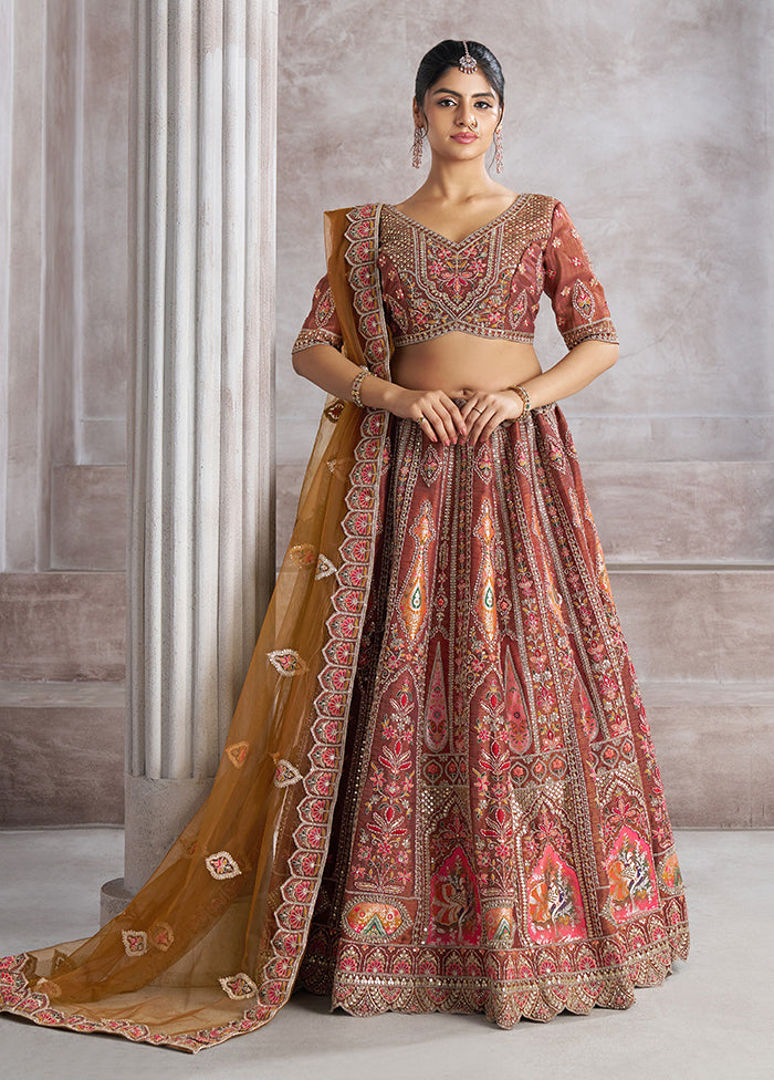 3 Pc Coffee Silk Semi Stitched Lehenga Set