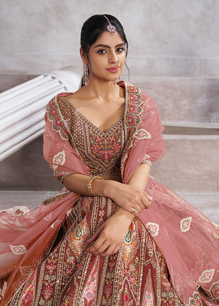 3 Pc Coffee Silk Semi Stitched Lehenga Set