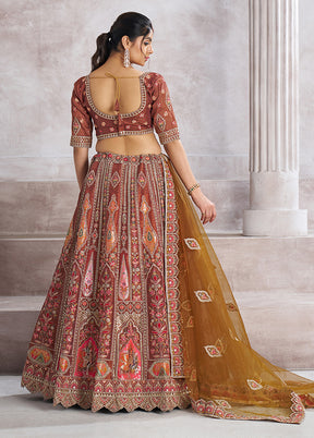 3 Pc Coffee Silk Semi Stitched Lehenga Set