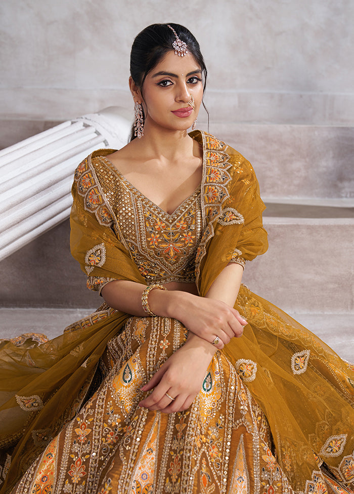 3 Pc Mustard Silk Semi Stitched Lehenga Set