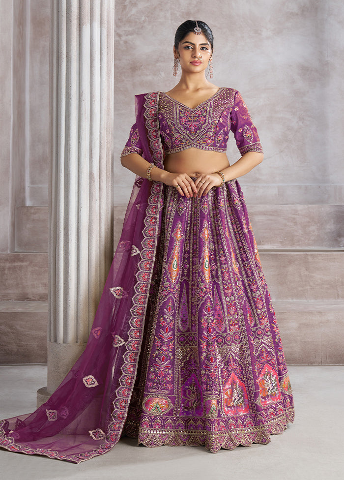 3 Pc Purple Silk Semi Stitched Lehenga Set