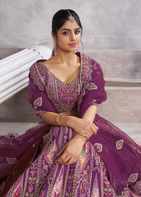 3 Pc Purple Silk Semi Stitched Lehenga Set
