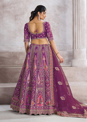 3 Pc Purple Silk Semi Stitched Lehenga Set