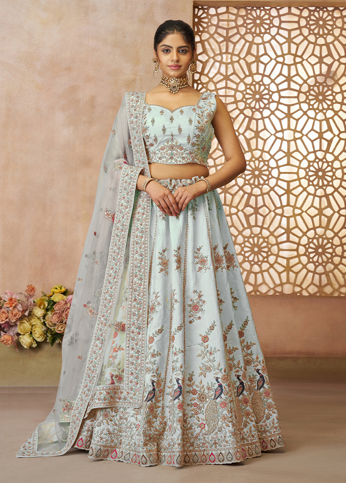 3 Pc Sky Blue Silk Semi Stitched Lehenga Set