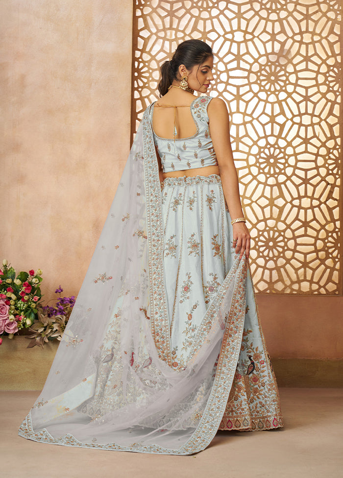 3 Pc Sky Blue Silk Semi Stitched Lehenga Set