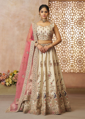 3 Pc White Silk Semi Stitched Lehenga Set