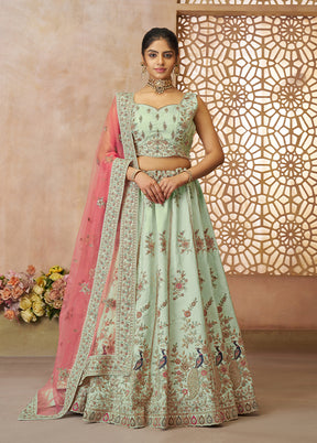 3 Pc Green Silk Semi Stitched Lehenga Set