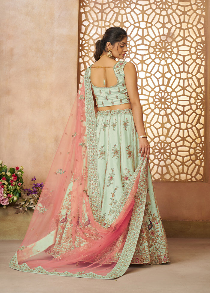 3 Pc Green Silk Semi Stitched Lehenga Set
