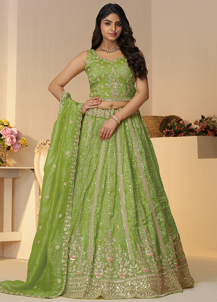 3 Pc Green Silk Semi Stitched Lehenga Set