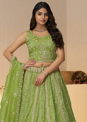 3 Pc Green Silk Semi Stitched Lehenga Set