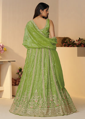 3 Pc Green Silk Semi Stitched Lehenga Set