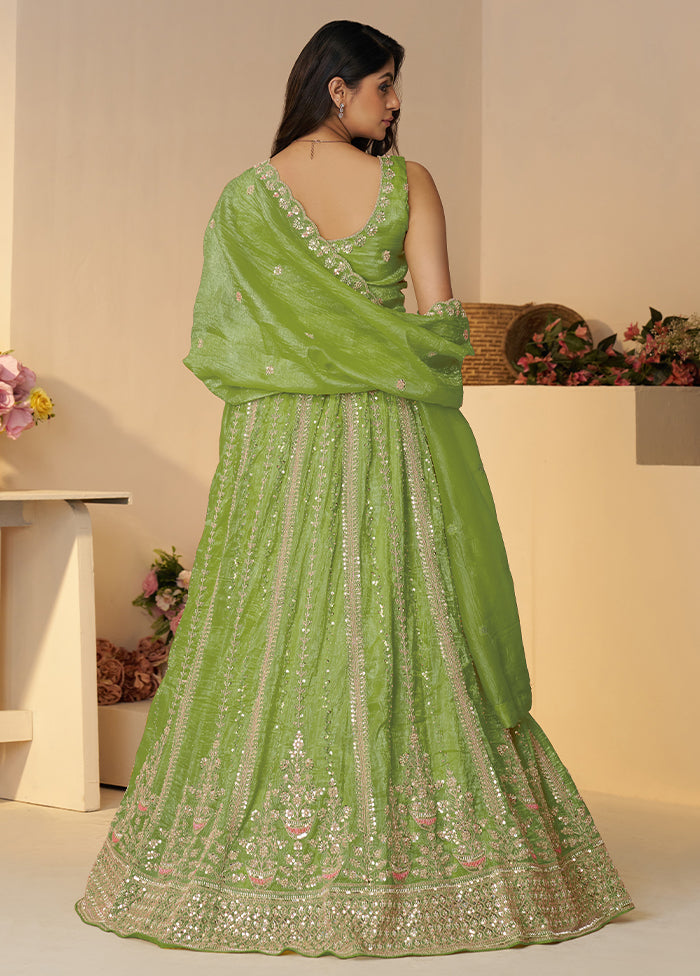 3 Pc Green Silk Semi Stitched Lehenga Set