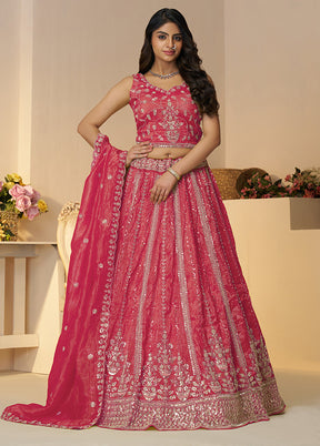 3 Pc Pink Silk Semi Stitched Lehenga Set