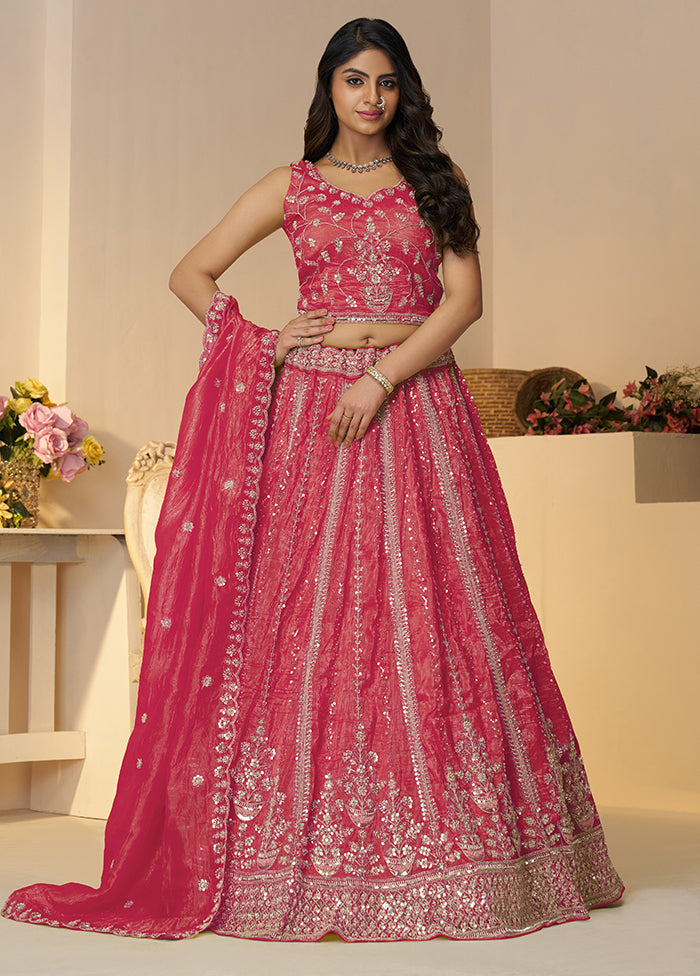 3 Pc Pink Silk Semi Stitched Lehenga Set