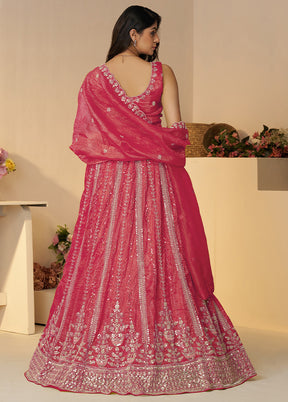 3 Pc Pink Silk Semi Stitched Lehenga Set