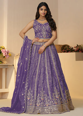 3 Pc Purple Silk Semi Stitched Lehenga Set
