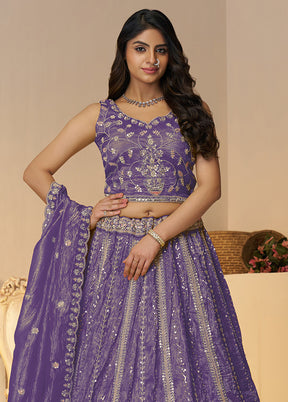 3 Pc Purple Silk Semi Stitched Lehenga Set