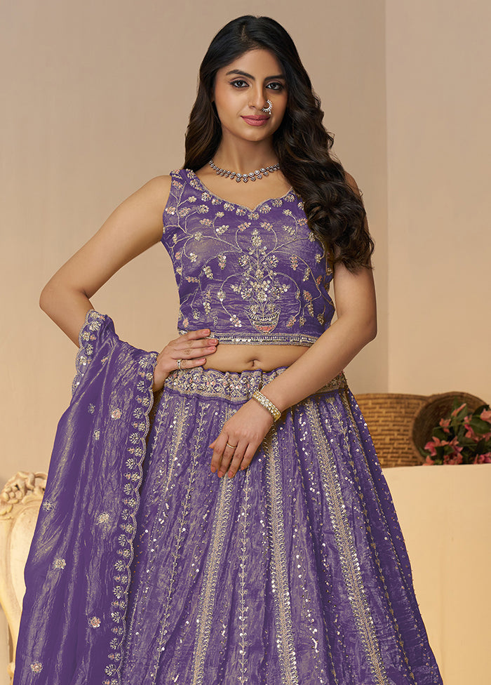 3 Pc Purple Silk Semi Stitched Lehenga Set