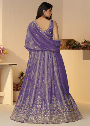 3 Pc Purple Silk Semi Stitched Lehenga Set