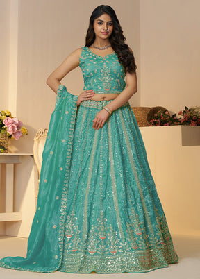 3 Pc Sky Blue Silk Semi Stitched Lehenga Set