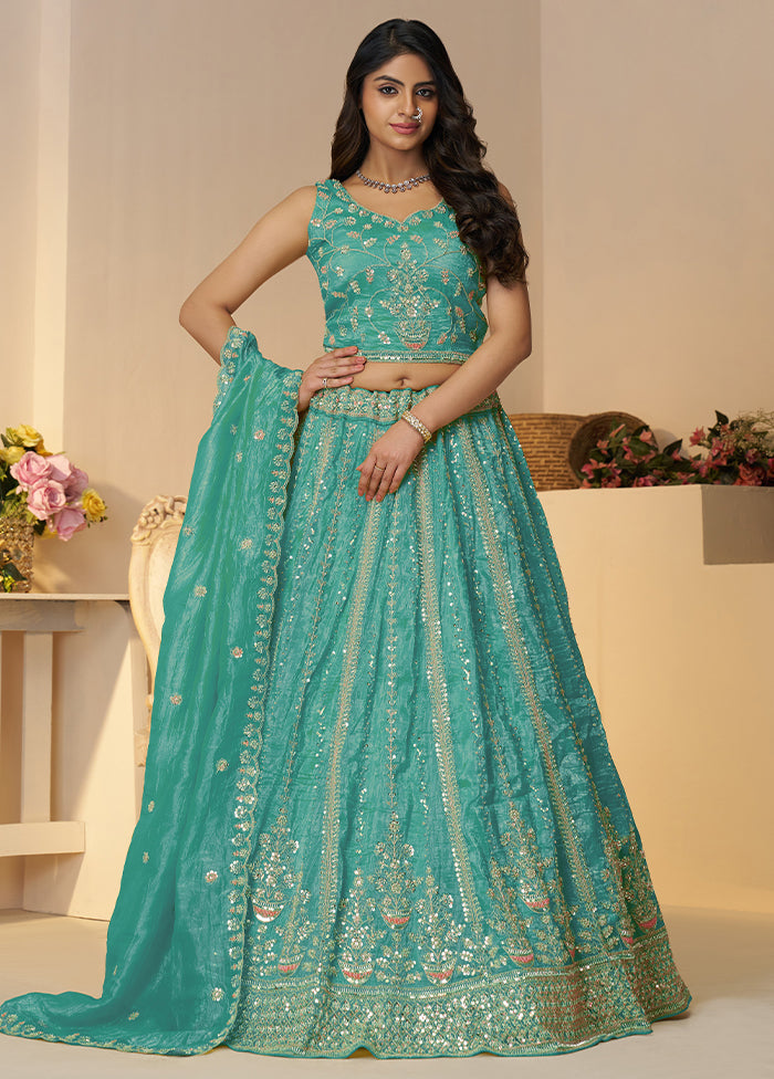 3 Pc Sky Blue Silk Semi Stitched Lehenga Set