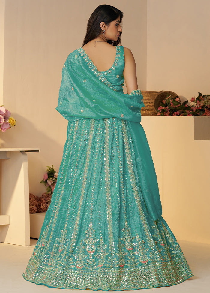3 Pc Sky Blue Silk Semi Stitched Lehenga Set