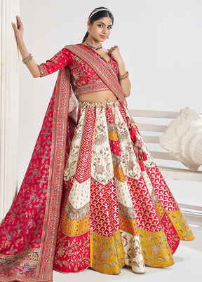 3 Pc White Silk Semi Stitched Lehenga Set