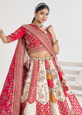 3 Pc White Silk Semi Stitched Lehenga Set