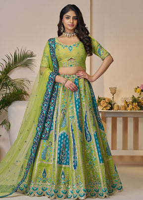 3 Pc Green Silk Semi Stitched Lehenga Set