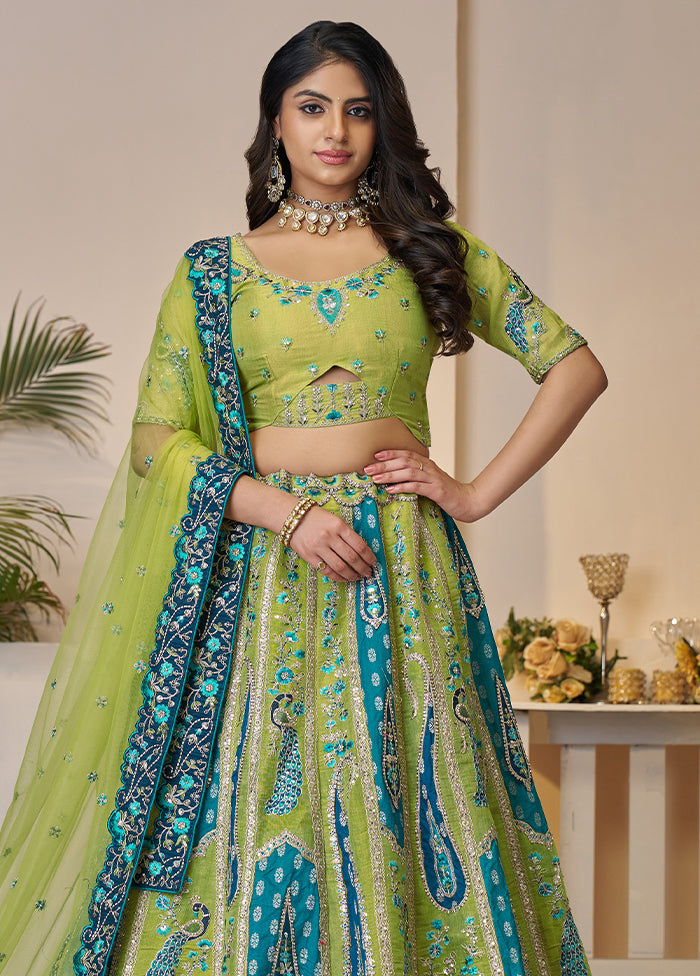 3 Pc Green Silk Semi Stitched Lehenga Set
