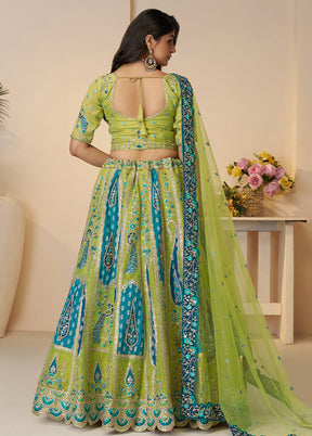 3 Pc Green Silk Semi Stitched Lehenga Set