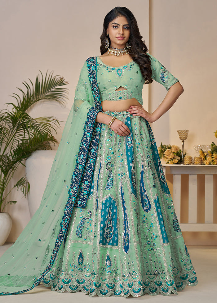 3 Pc Sky Blue Silk Semi Stitched Lehenga Set