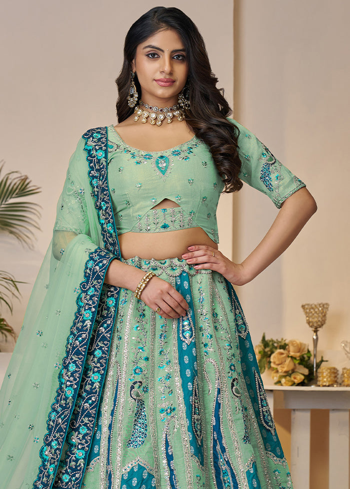 3 Pc Sky Blue Silk Semi Stitched Lehenga Set