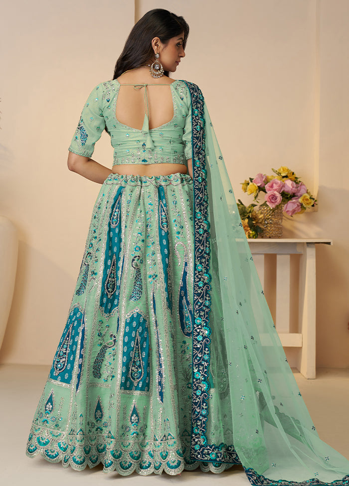 3 Pc Sky Blue Silk Semi Stitched Lehenga Set