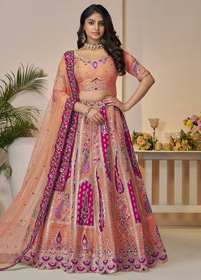 3 Pc Orange Silk Semi Stitched Lehenga Set
