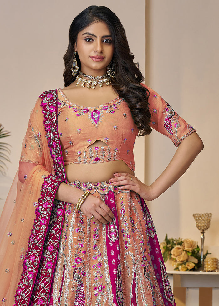 3 Pc Orange Silk Semi Stitched Lehenga Set