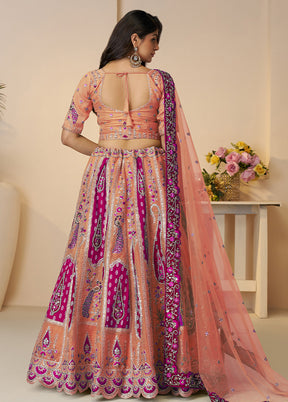 3 Pc Orange Silk Semi Stitched Lehenga Set