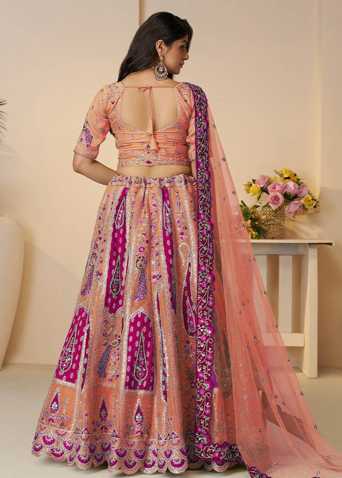 3 Pc Orange Silk Semi Stitched Lehenga Set