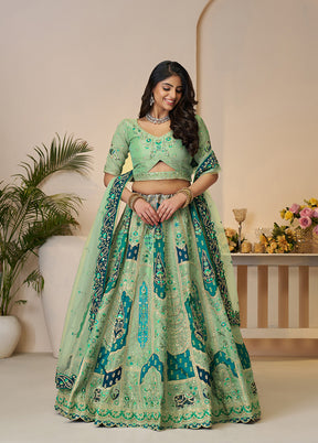 3 Pc Green Silk Semi Stitched Lehenga Set