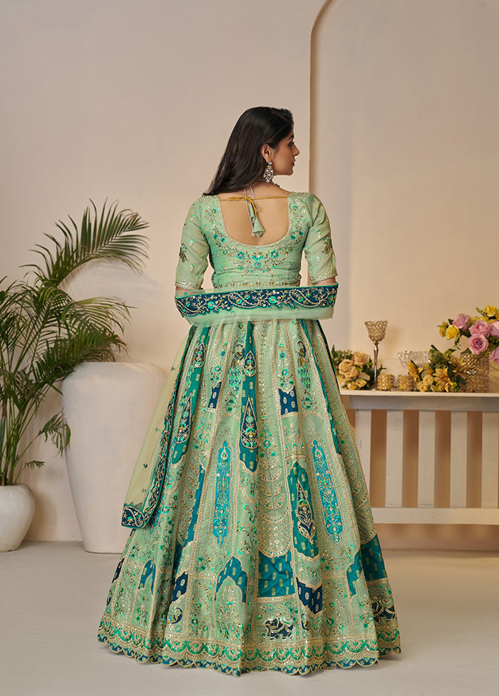 3 Pc Green Silk Semi Stitched Lehenga Set