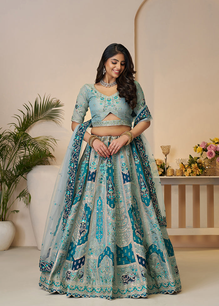 3 Pc Sky Blue Silk Semi Stitched Lehenga Set