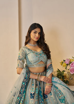 3 Pc Sky Blue Silk Semi Stitched Lehenga Set