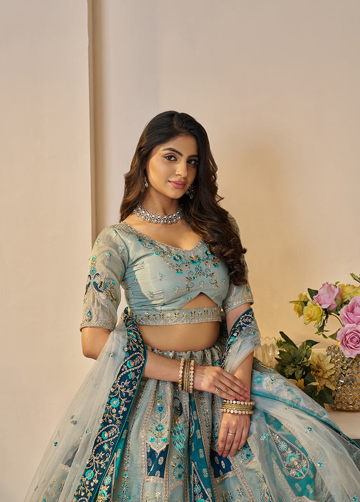 3 Pc Sky Blue Silk Semi Stitched Lehenga Set