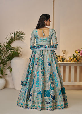 3 Pc Sky Blue Silk Semi Stitched Lehenga Set