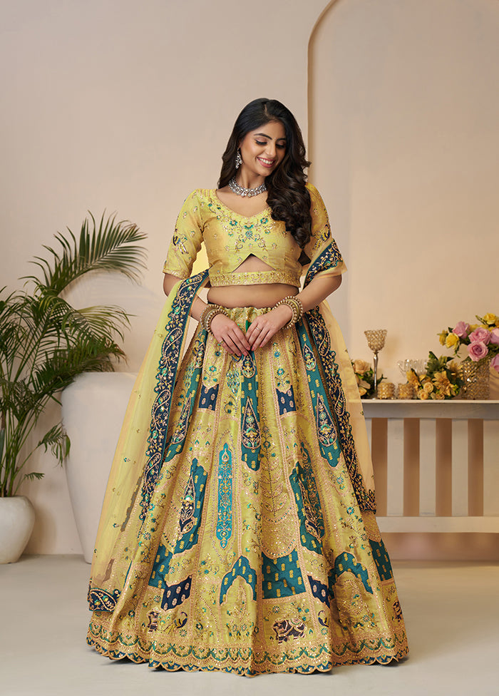 3 Pc Yellow Net Semi Stitched Lehenga Set