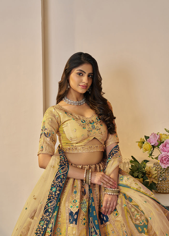 3 Pc Yellow Net Semi Stitched Lehenga Set