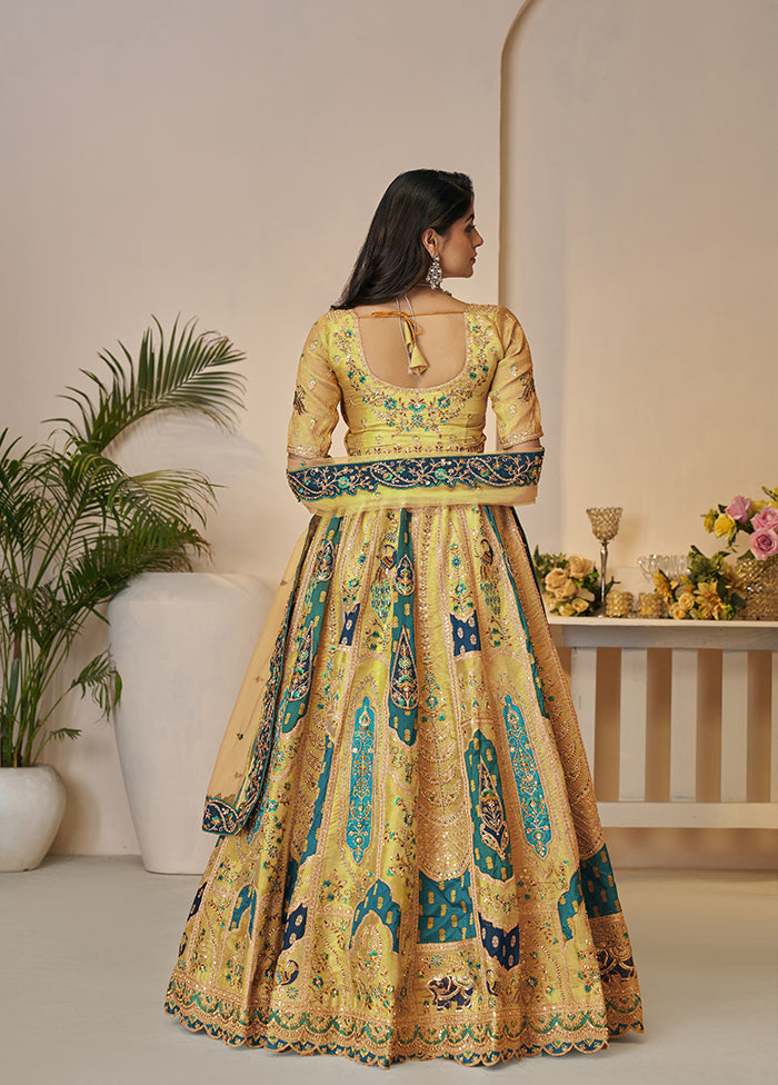 3 Pc Yellow Net Semi Stitched Lehenga Set