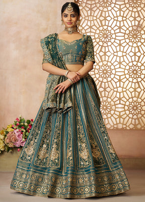 3 Pc Green Net Semi Stitched Lehenga Set
