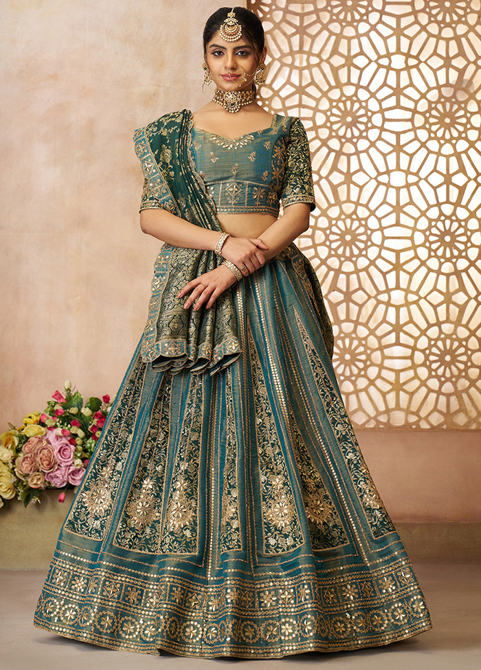 3 Pc Green Net Semi Stitched Lehenga Set