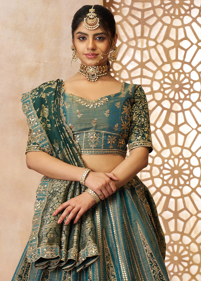 3 Pc Green Net Semi Stitched Lehenga Set